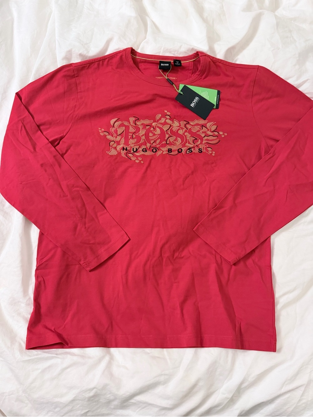 Hugo Boss Men's Long Sleeve Crewneck Tee in Red with Logo Graphic